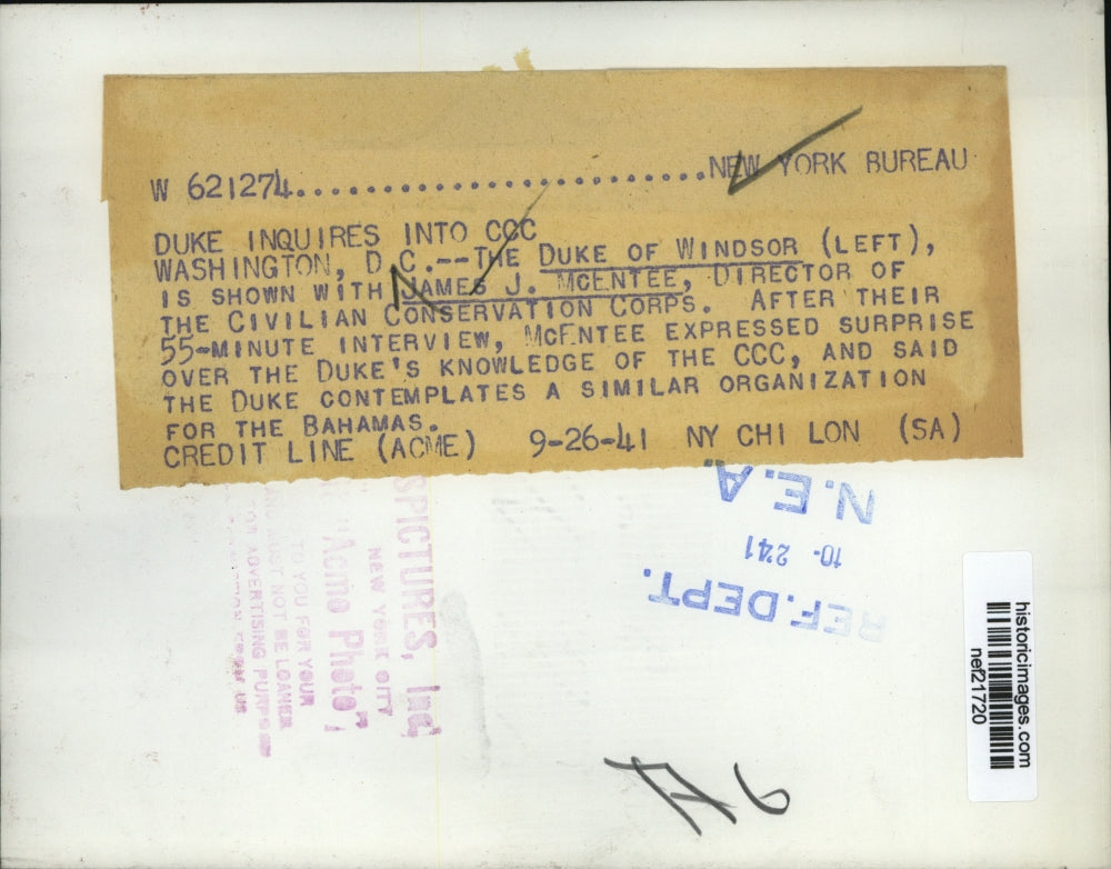 1941 Press Photo Duke of Windsor With James J. McEntee - nef21720