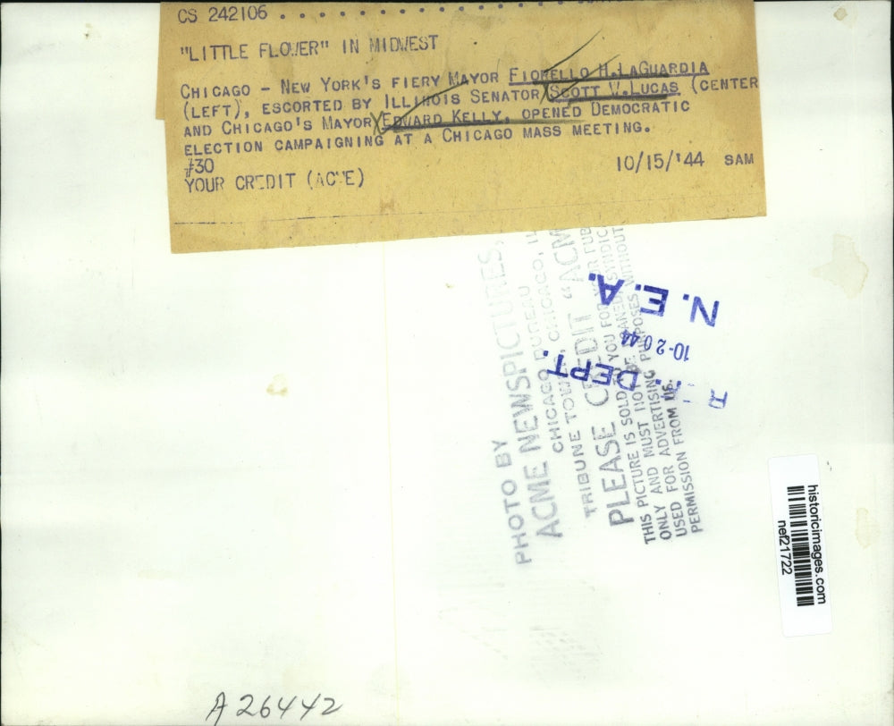 1944 Press Photo NY's Mayor Fiorello H. Laguardia Escorted by Scott W. Lucas