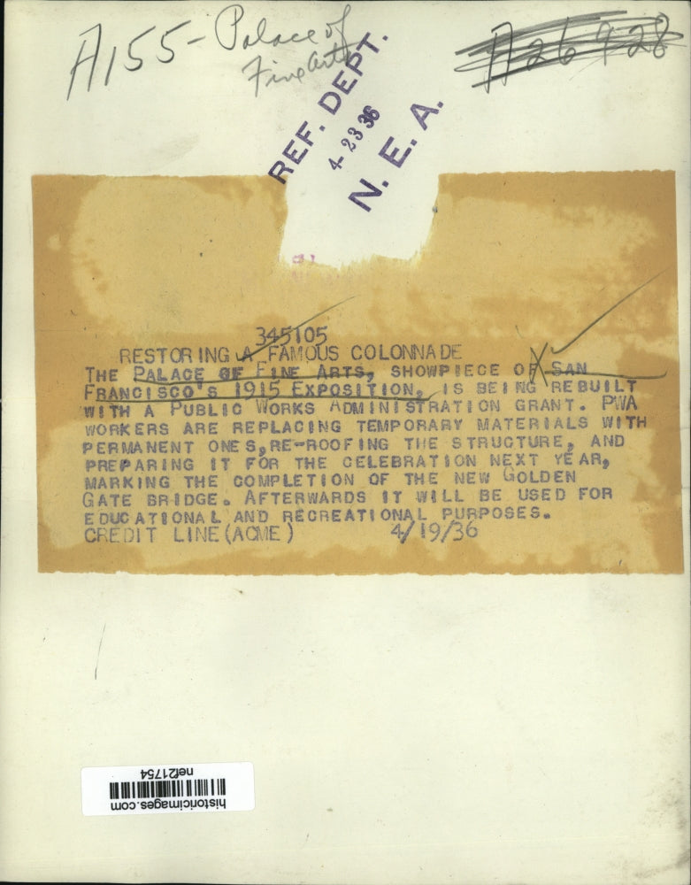1936 Press Photo Palace of Fine Arts, San Francisco - nef21754