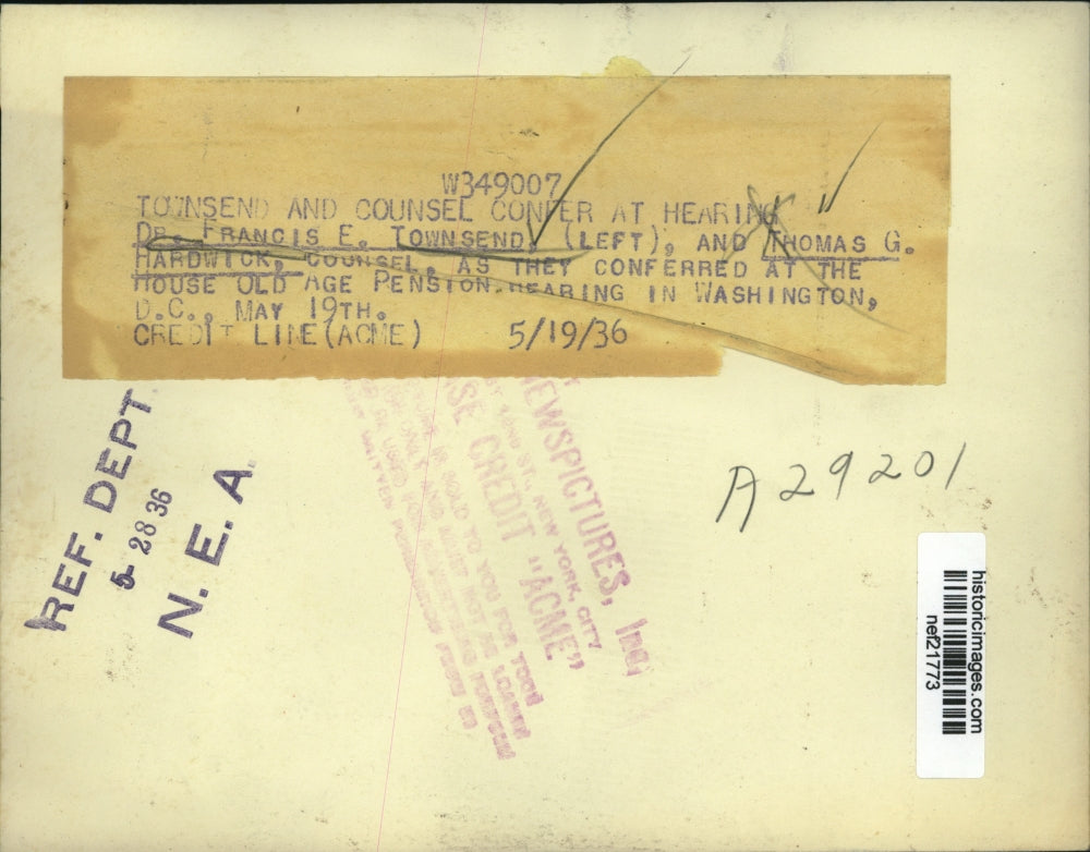 1936 Press Photo Dr. Francis E. Townsend, Thomas G. Hardwick at Pension Hearing