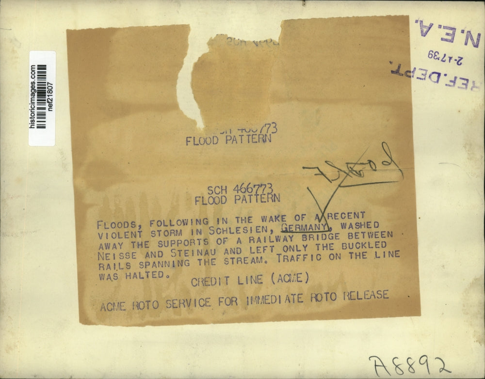 1939 Press Photo Railway Bridge Damaged by Floods, Schlesien, Germany