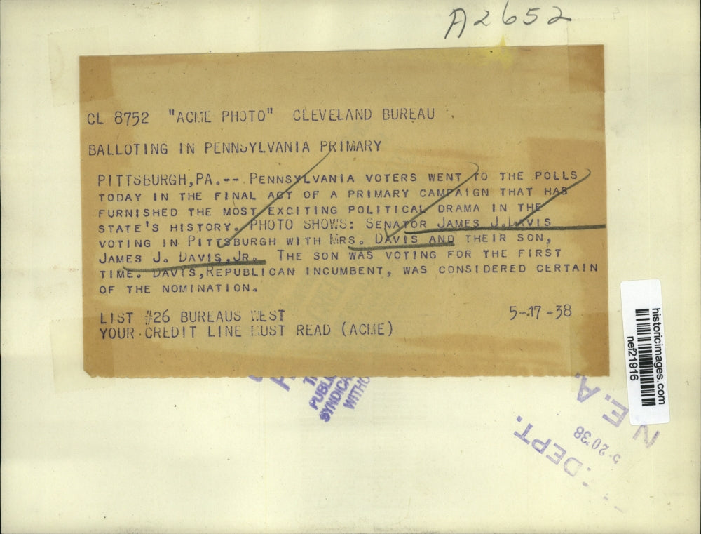 1938 Press Photo James J. Davis & Family Voting in Pennsylvania Primary Election