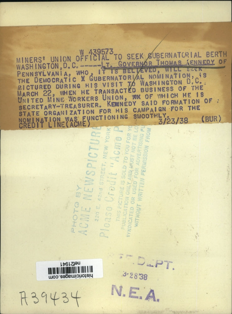 1938 Press Photo Thomas Kennedy - nef21941