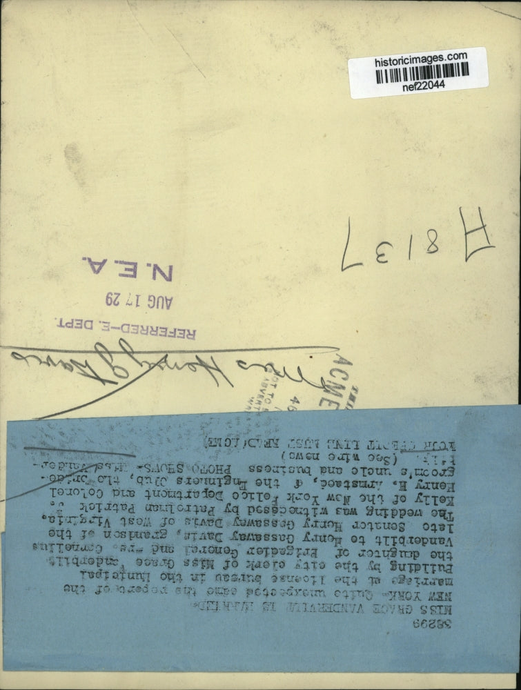 1929 Press Photo Grace Vandervilt Married to Henry Gassaway Davin, New York