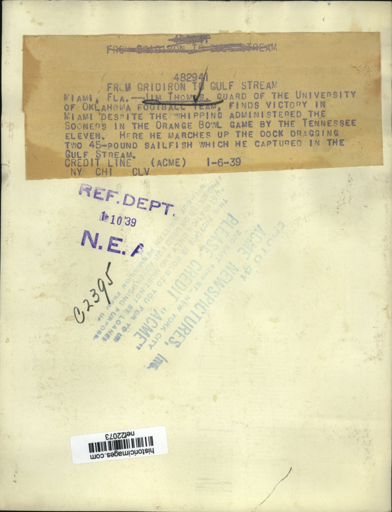 1939 Press Photo Jim Thomas Holding 2-45 Pound Sailfish in Miami, Florida