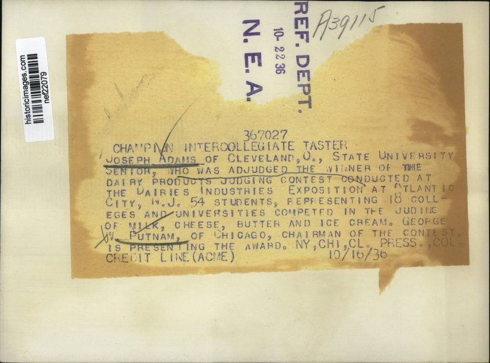 1936 Press Photo Joseph Adams Winning Dairy Products Judging Contest, New Jersey