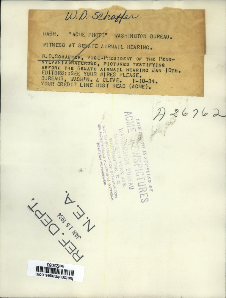 1934 Press Photo W.D. Schaffer at Senate Airmail Hearing - nef22083