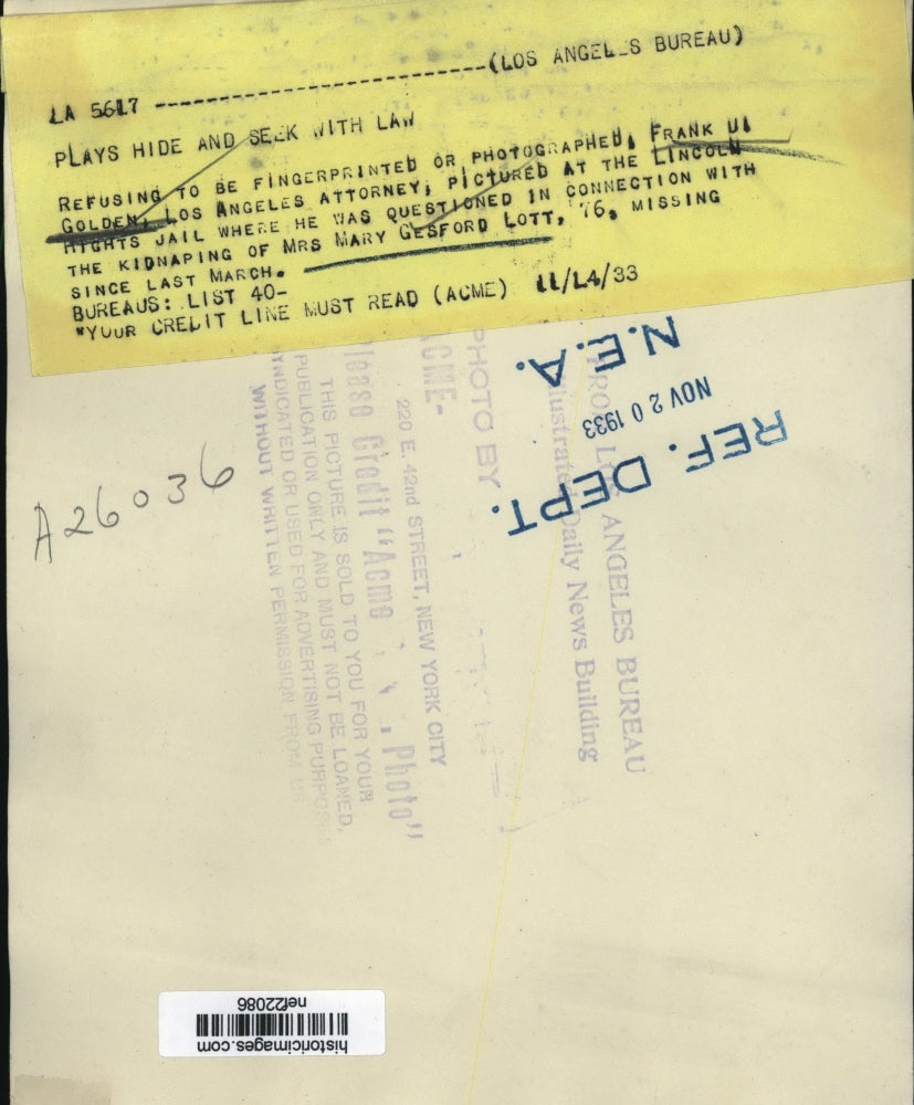 1933 Press Photo Frank U. Golden at Lincoln Rights Jail - nef22086