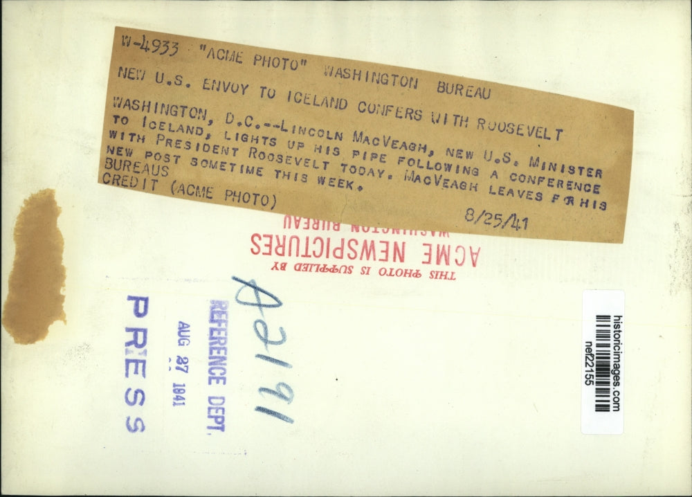 1941 Press Photo Lincoln MacVeagh,United State Minister to Iceland - nef22155