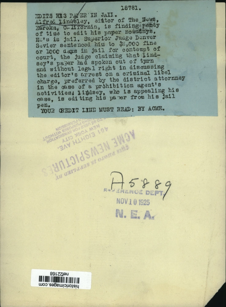 1925 Press Photo Alfred Lindsley, Editor of News Eureka in jail for contempt