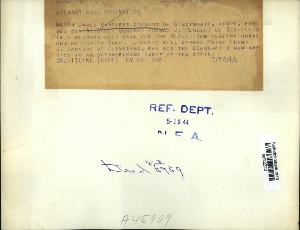 1944 Press James Garfield Stewart Will Oppose Mayor Frank Lausche of Cleveland