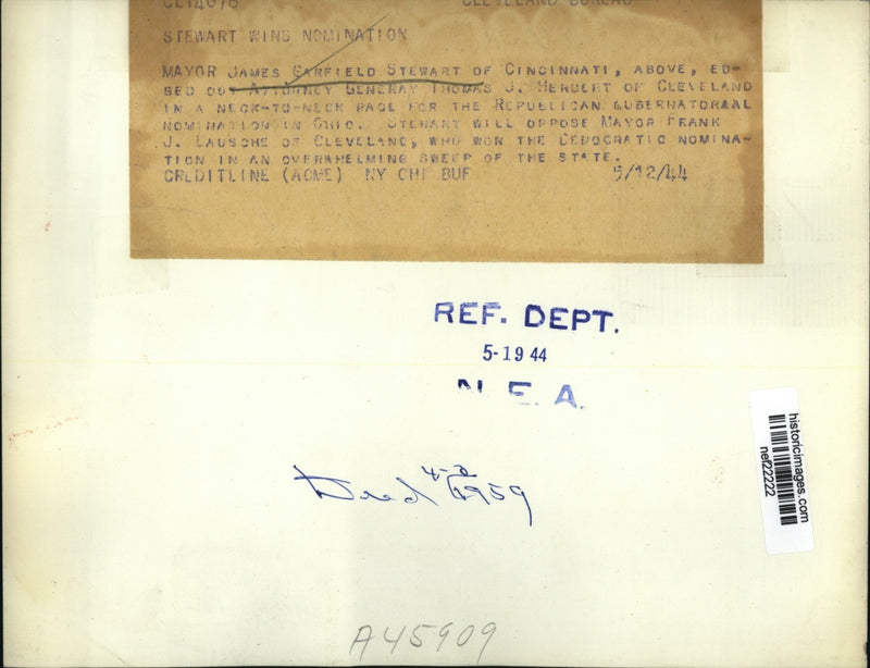 Load image into Gallery viewer, 1944 Press James Garfield Stewart Will Oppose Mayor Frank Lausche of Cleveland
