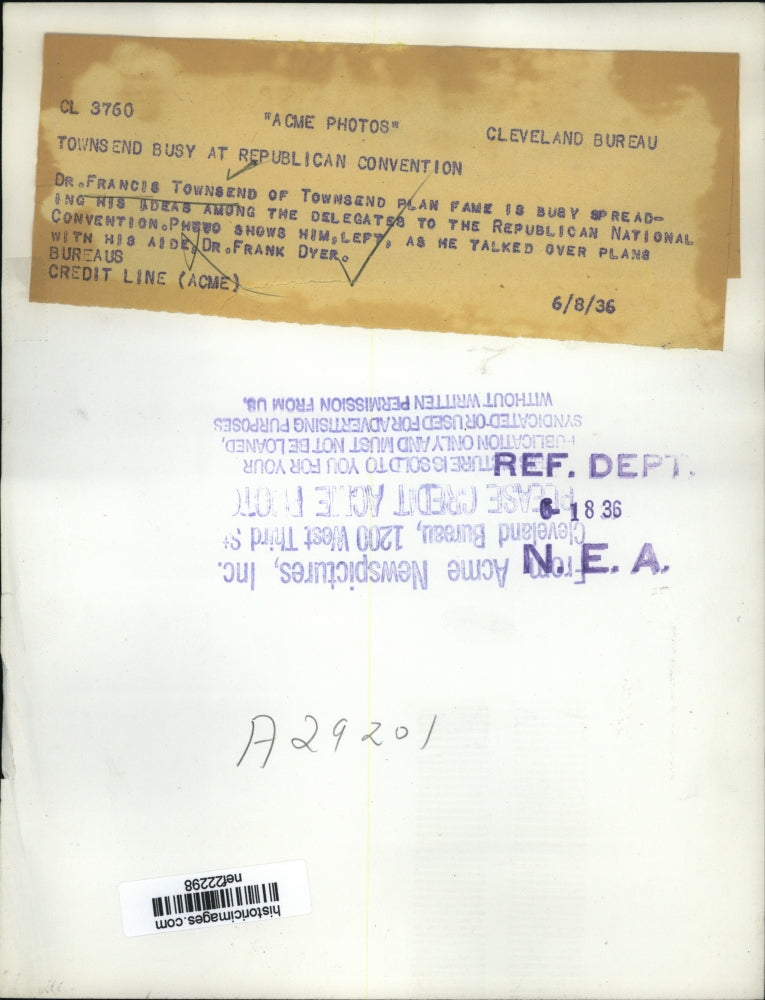 1936 Press Photo Dr Francis Townsend at Republican National Convention