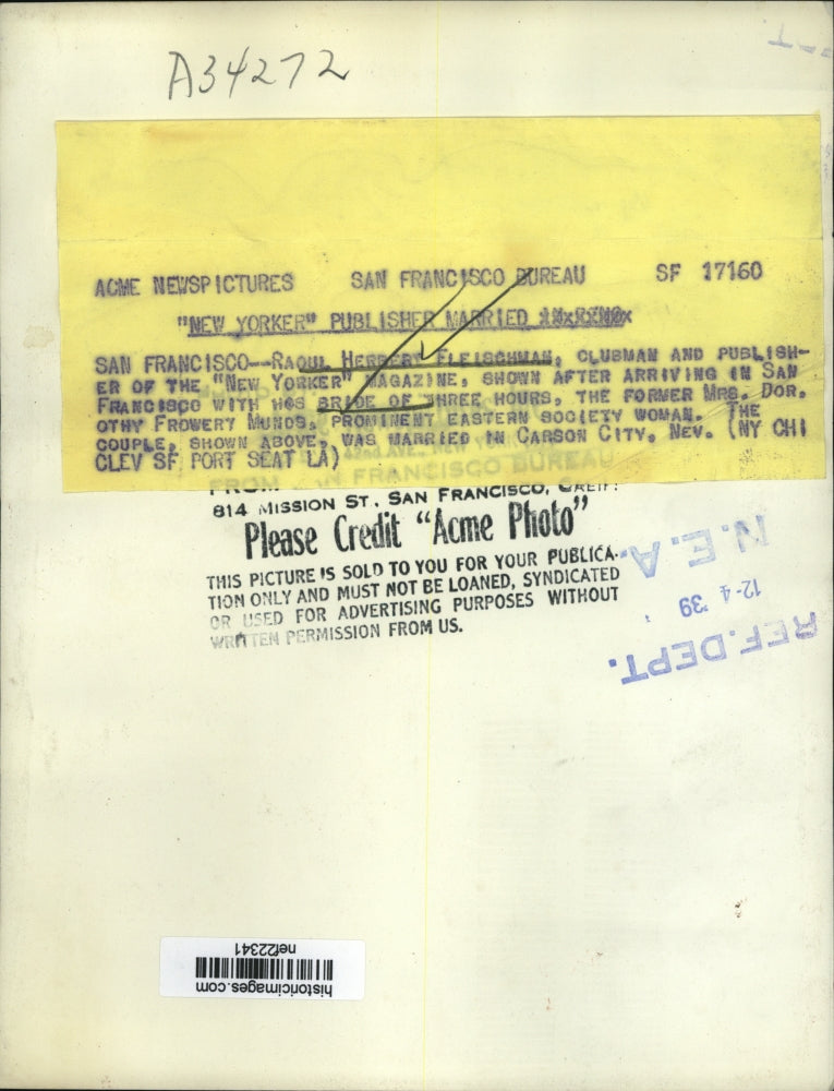 1939 Press Photo Raoul Herbert Fleischman & Wife Dorothy in San Francisco