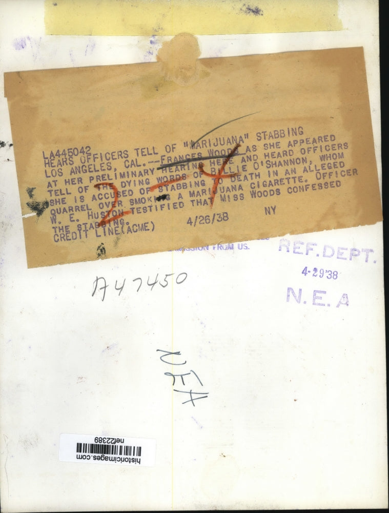 1938 Press Photo Frances Wood at Los Angeles Stabbing Trial - nef22389