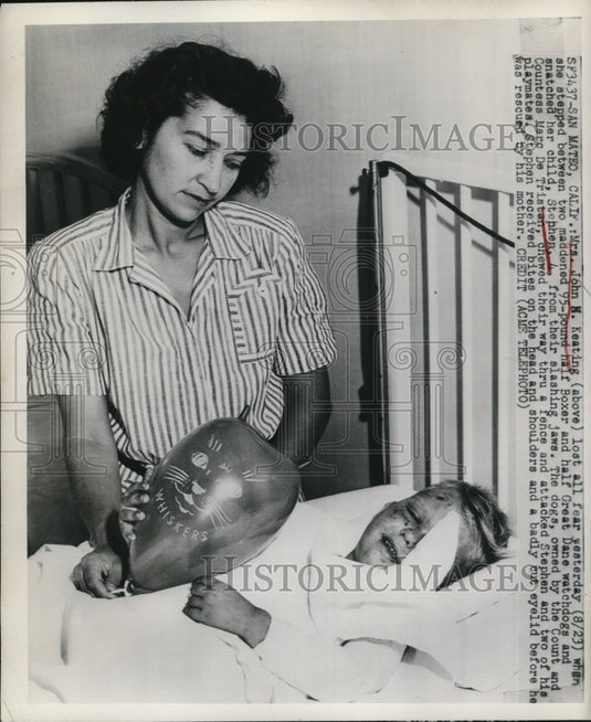 1949 Press Photo Mrs. John M. Keating, Son Stephen After Dog Attack, California