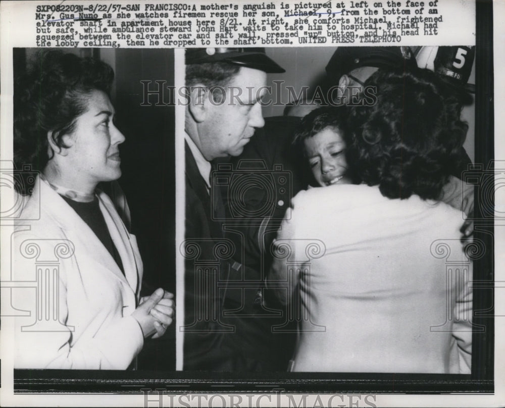 1957 Press Photo Mrs. Gus Nuno Watching Son Michael&#39;s Rescue, San Francisco