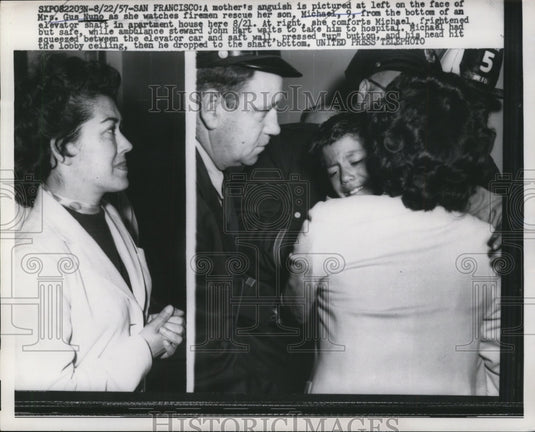 1957 Press Photo Mrs. Gus Nuno Watching Son Michael's Rescue, San Francisco