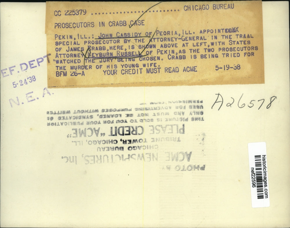 1938 Press Photo John Cassidy, Reyburn Russell at James Crabb Trial, illinois