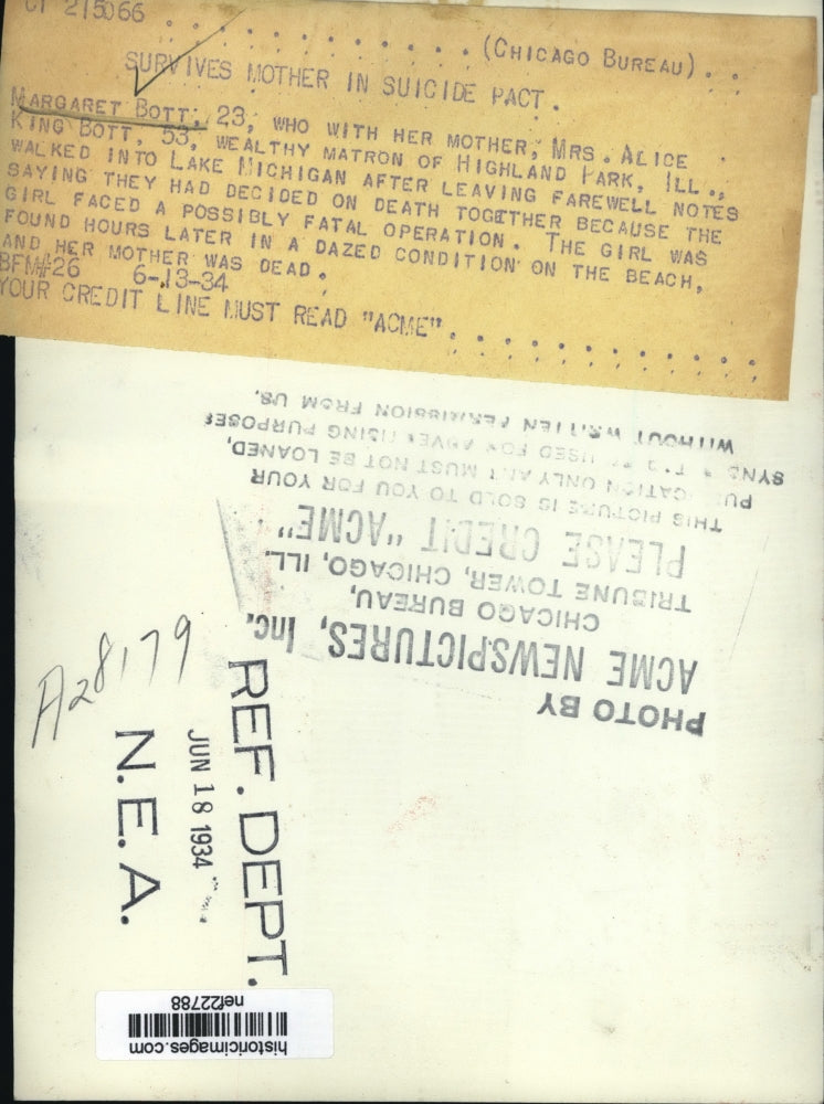 1934 Press Photo Margaret Botts Survives Suicide Pact with Mother, Highland Park