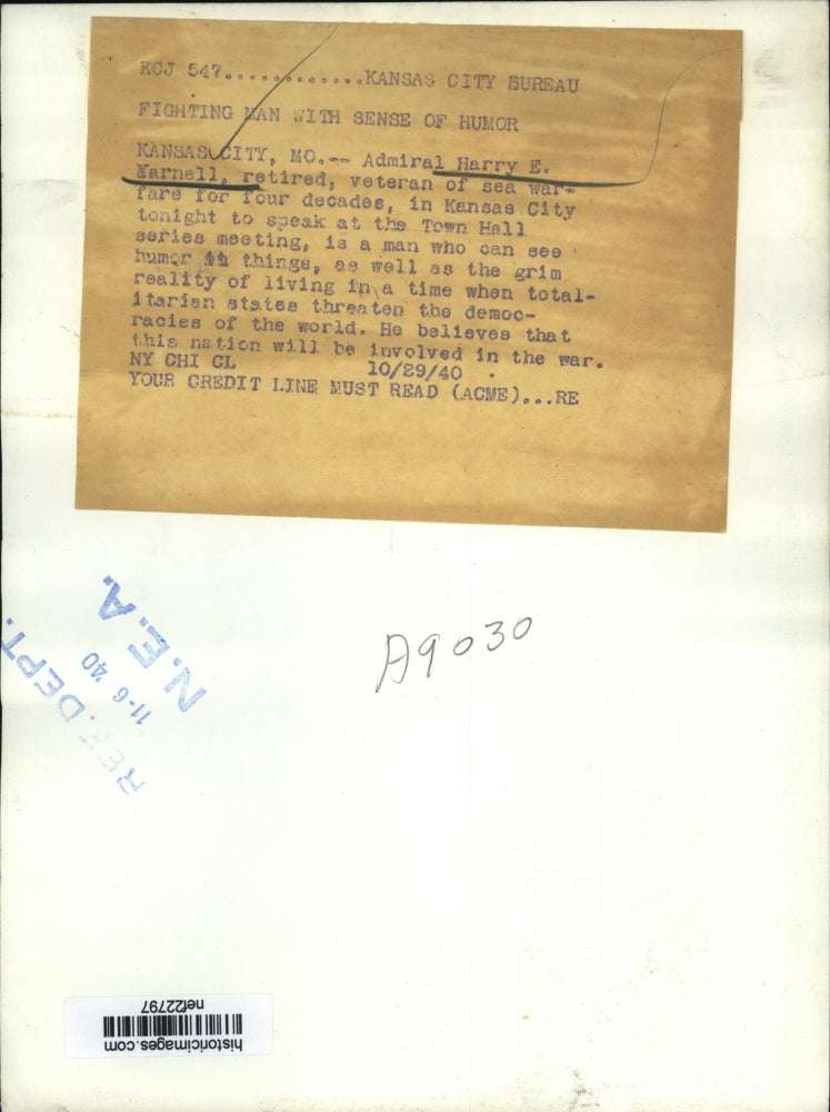 1940 Press Photo admiral Harry E.Kernell retired veteran of Sea Warfare