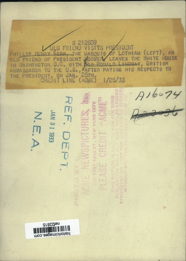 1933 Press Photo Philip Henry Kerr and Sir Ronald Lindsay visit President Hoover