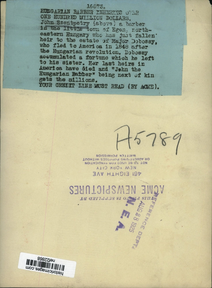 Load image into Gallery viewer, 1925 Press Photo BarberJohn Szentpetry Inherits Over One Hundred Million Dollars
