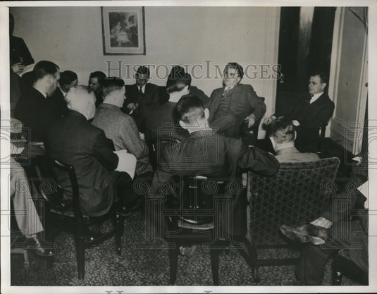 1937 Press Photo John L Lewis Shown Giving a Press Conference in Boston Mass