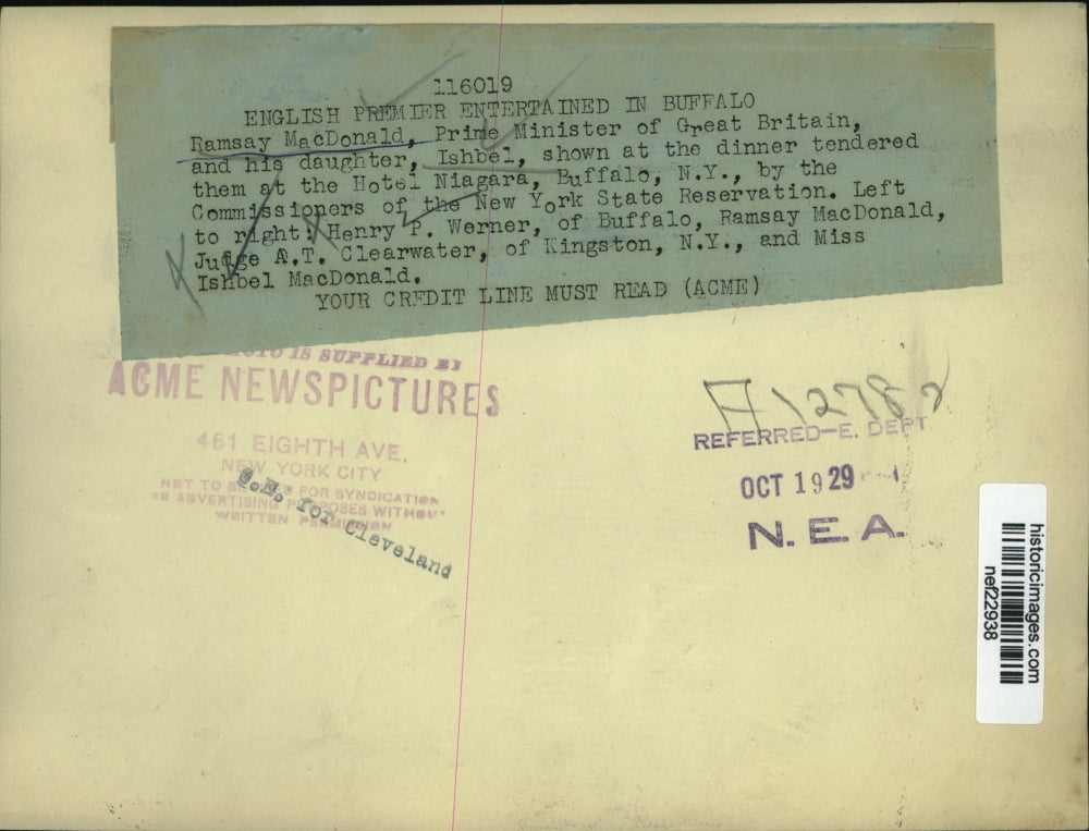 1929 Press Ramsay MacDonald & Daughter Ishbel Shown at Dinner at Niagara Hotel
