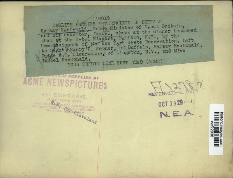 Load image into Gallery viewer, 1929 Press Ramsay MacDonald &amp; Daughter Ishbel Shown at Dinner at Niagara Hotel
