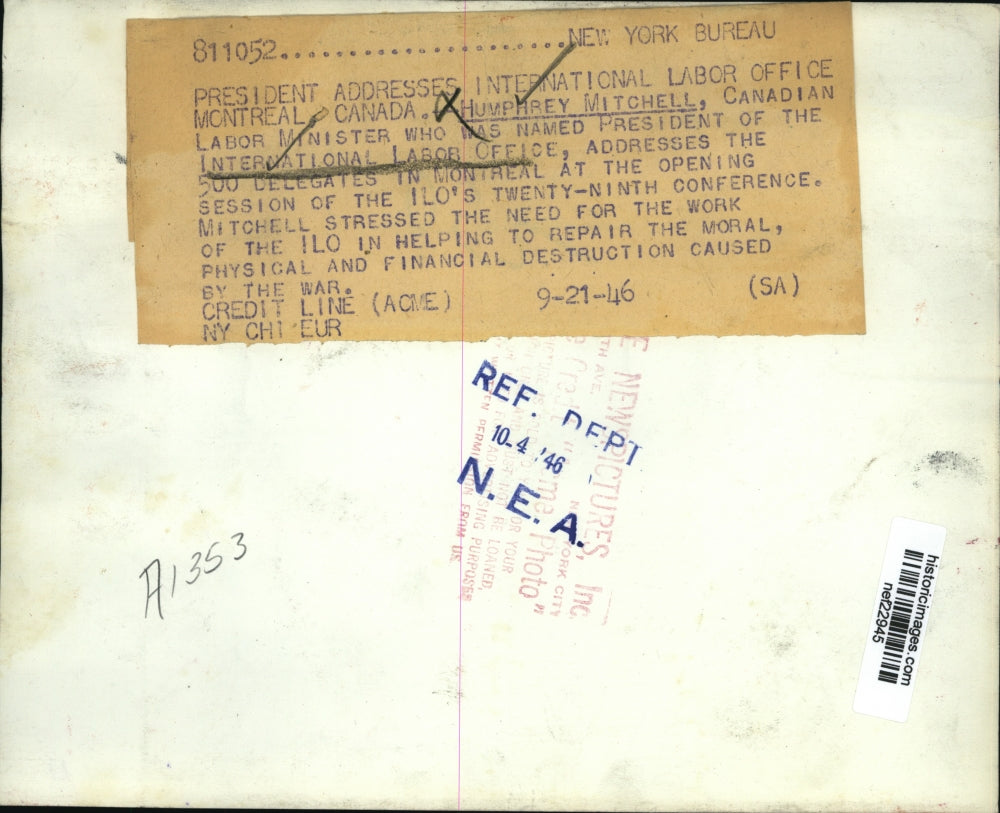 1946 Press Photo Humphrey Mitchell address at the ILO's Twenty-Nine Conference