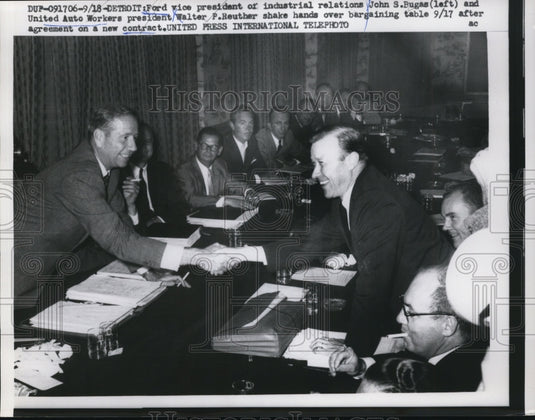 1958 Press Photo John Bugas of Ford and Walter Reuther Meet on Auto Workers