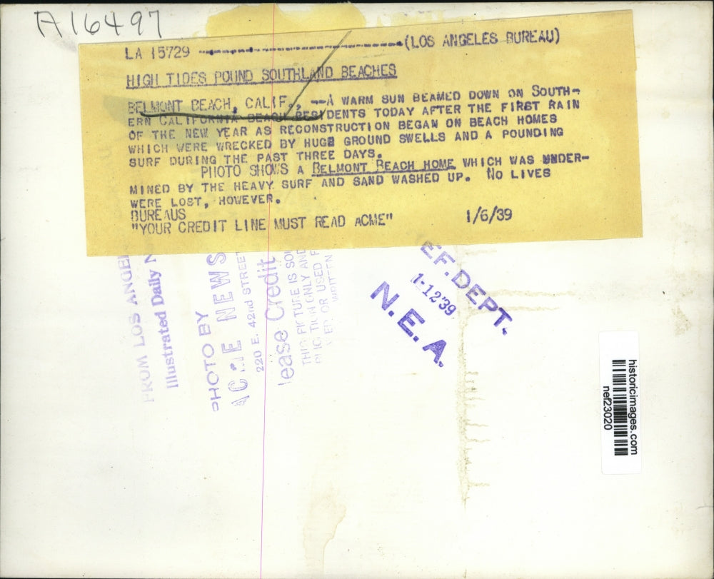 1939 Press Photo Belmont Beach, California Home Destroyed by Waves - nef23020