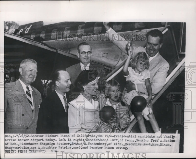 Load image into Gallery viewer, 1952 Press Photo Richard Nixon Vice President Candidate Arrives in Denver
