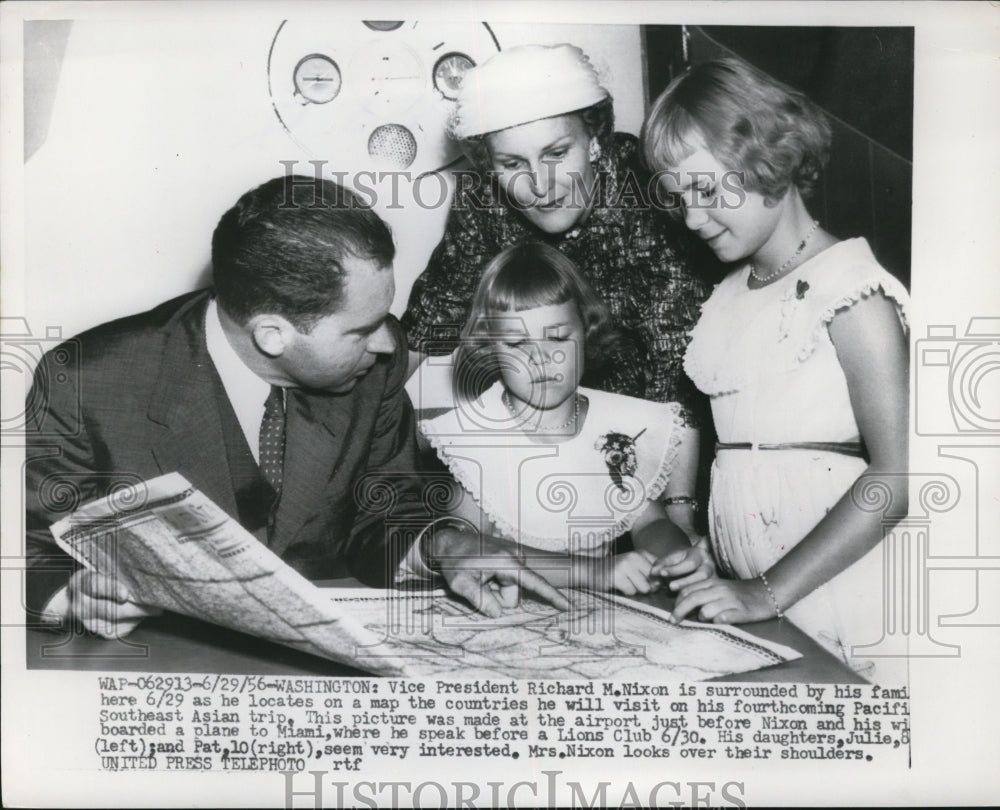 1956 Press Photo Richard Nixon Shows Family Map of The Countries He Will Visit