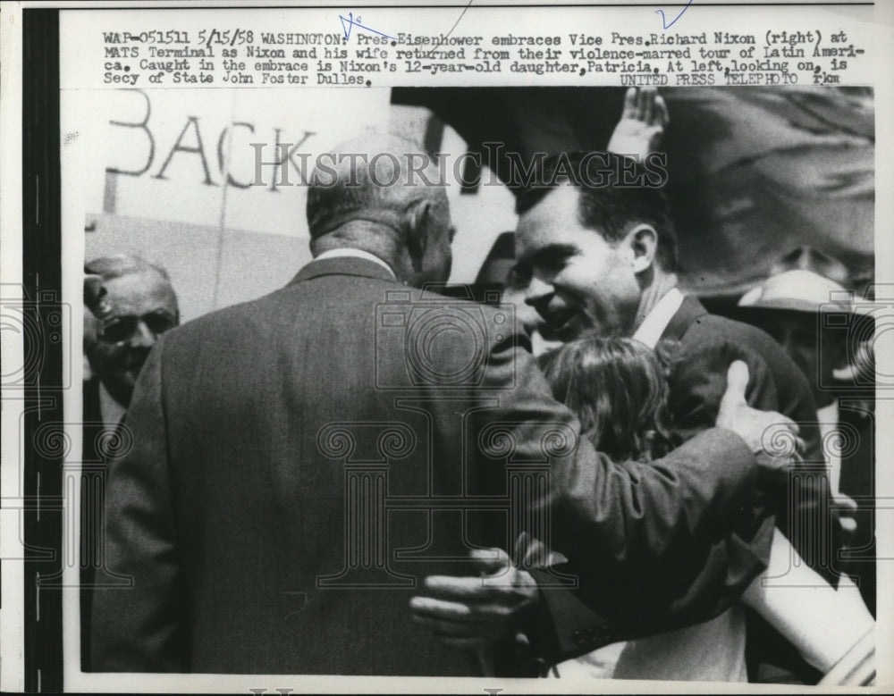 1958 Press Photo Pres Eisenhower Embraces Nixon at MATS Terminal - nef23169