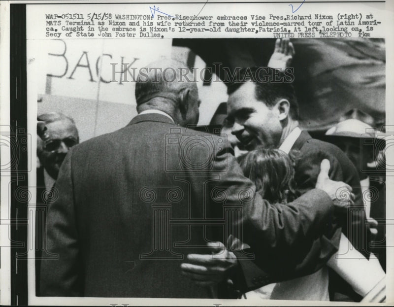Load image into Gallery viewer, 1958 Press Photo Pres Eisenhower Embraces Nixon at MATS Terminal - nef23169
