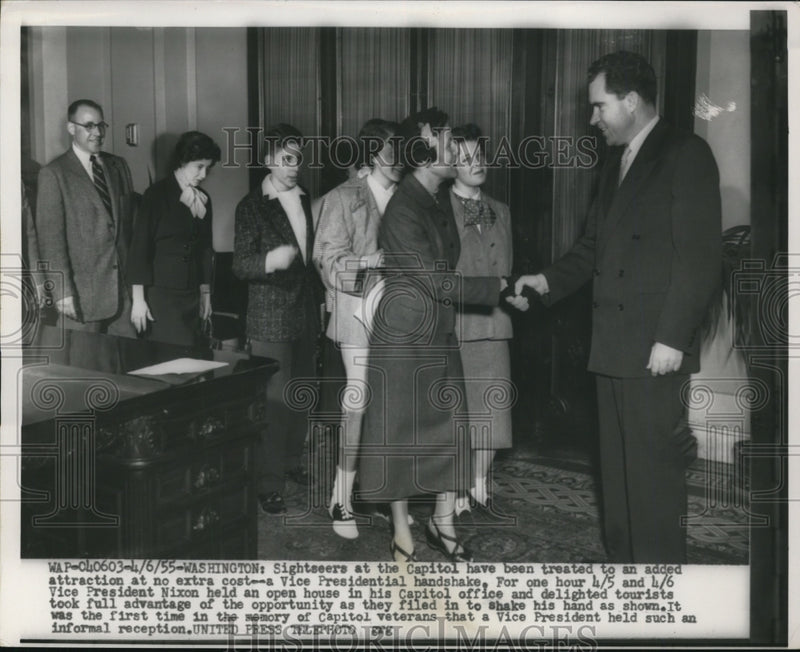 Load image into Gallery viewer, 1955 Press Photo Sightseers Receive Vice-Presidential Candidate Handshakes
