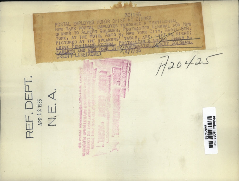 1936 Press Photo New York Postal Officials @ Albert Goldman Dinner Hotel Astoria
