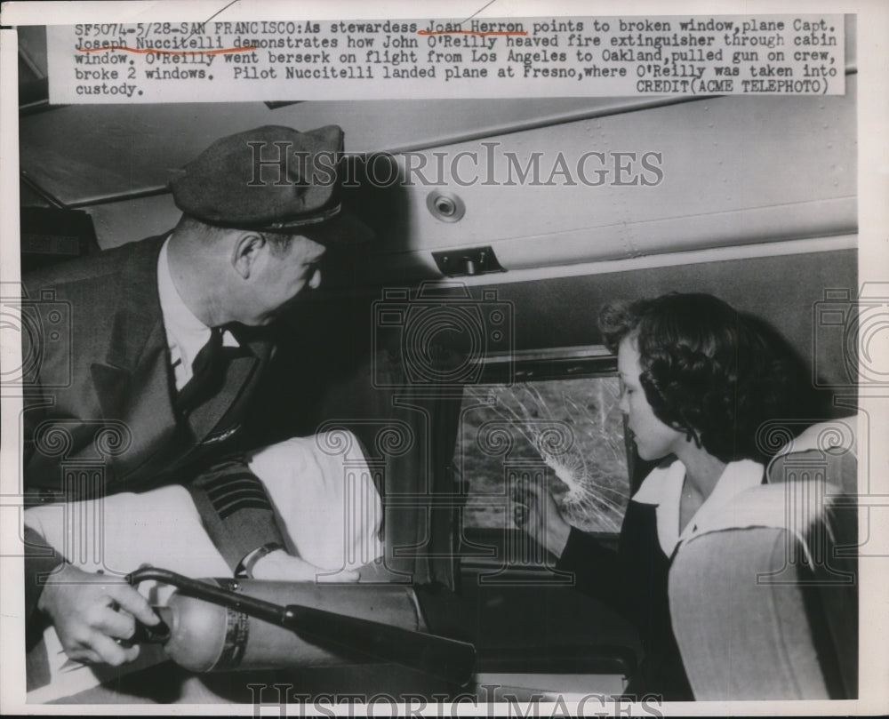 1950 Press Photo Joseph Nuccitelli Demonstrates John O'Reilly Flight Rage