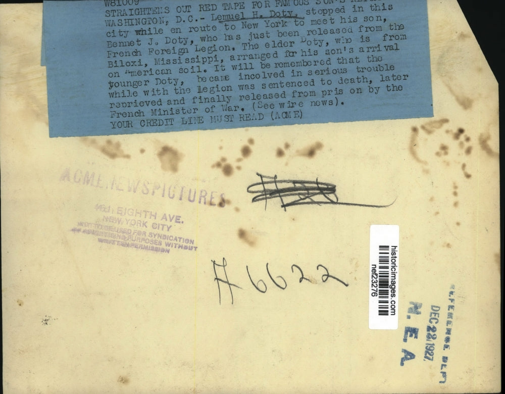 1927 Press Photo Lemuel Doty in Washington, DC to Visit Son Bennet Doty