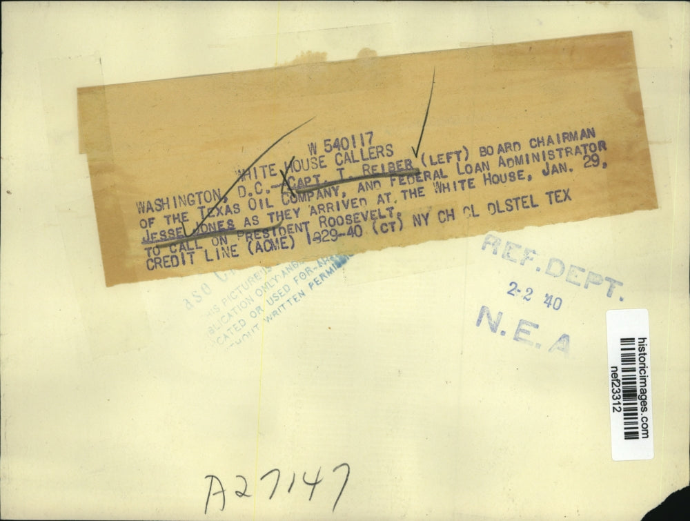 1940 Press Photo Captain T. Reiber, Jesse Jones at White House - nef23312