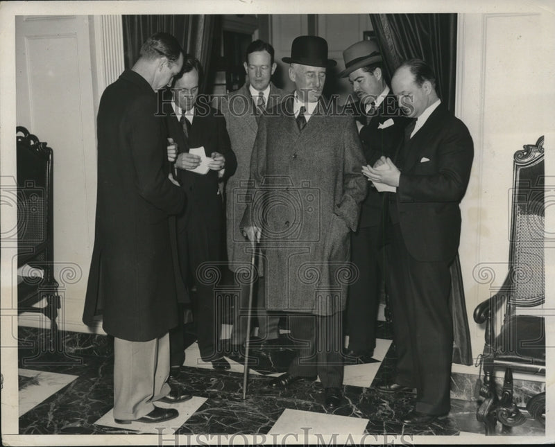 Load image into Gallery viewer, 1933 Press Photo Secretary of State Henry L. Stimson leaves the Mayflower Hotel
