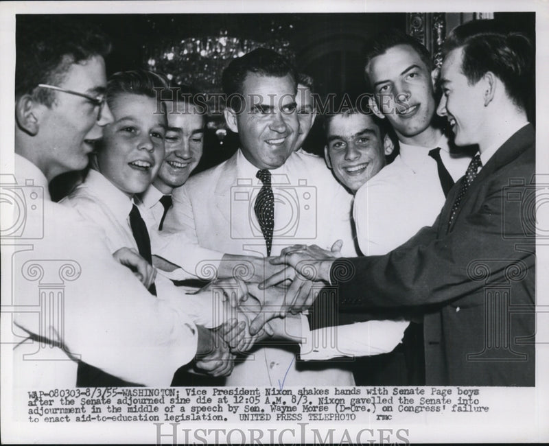 Load image into Gallery viewer, 1955 Press Vice-Pres Nixon Shakes Hands With Sen Page Boys After Adjournment
