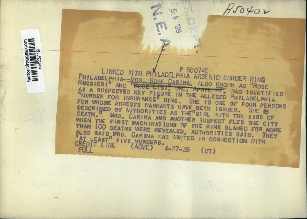 1939 Press Mrs Rose Carina A/K/A "Rose Ruggieri" & "Rose Lisi" Murder Suspect