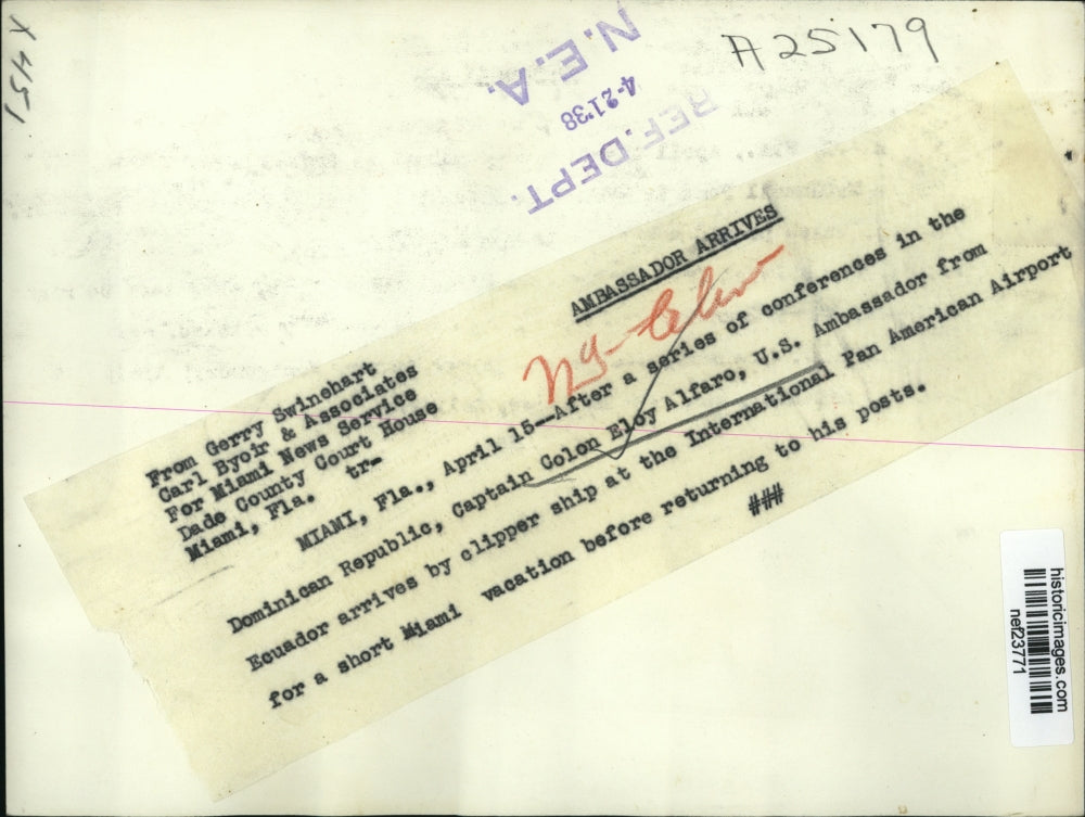 1938 Press Photo United States Ambassador from Ecuador Captain Colon Eloy Alfaro