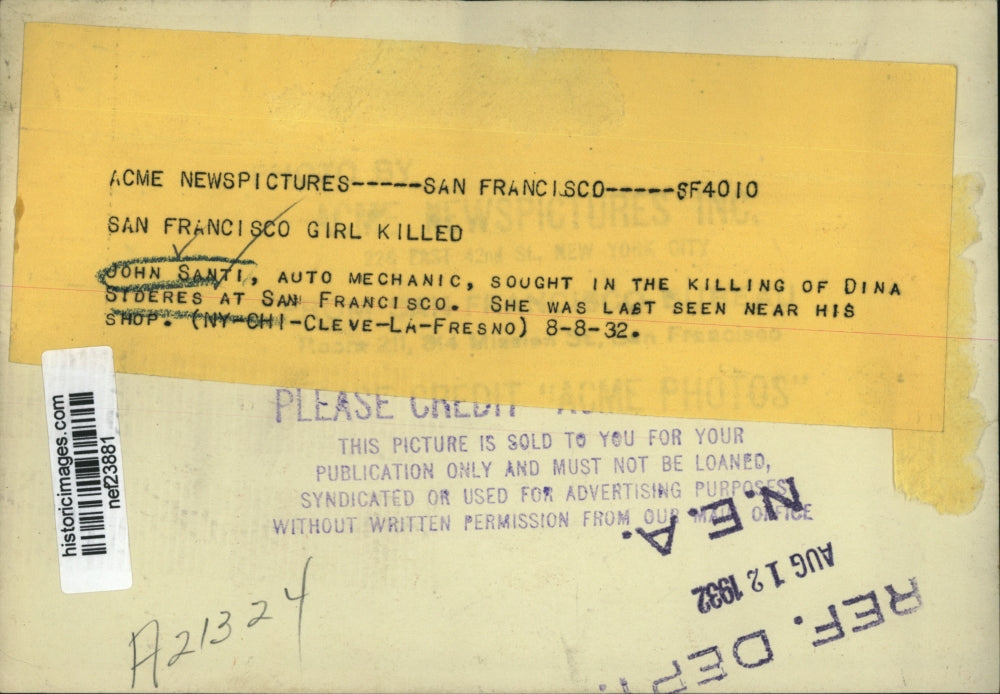 1932 Press Photo John Santi, sought for the killing of Diana Sideres - nef23881