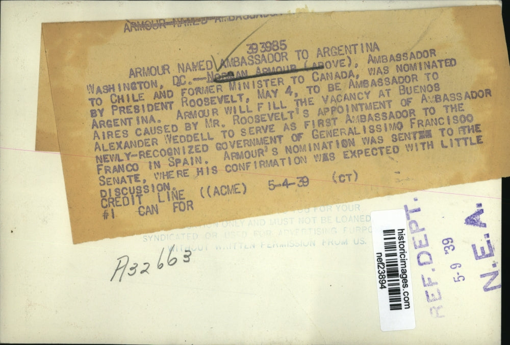 1939 Press Photo Norman Armour Ambassador to Argentina named by Pres.Roosevelt