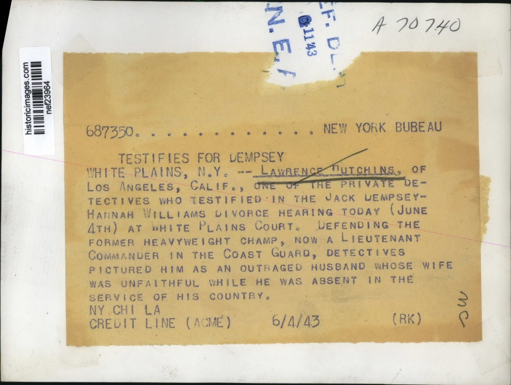 1943 Press Photo Lawrence Hutchins Testifies in Jack Dempsey Trial, White Plains