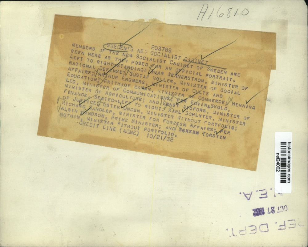 1932 Press Photo Sweden Socialist Cabinet Members Official Portrait - nef24002